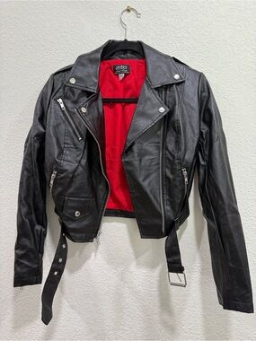Grease X Unique Vintage Black Leather Moto Jacket with Red Lining